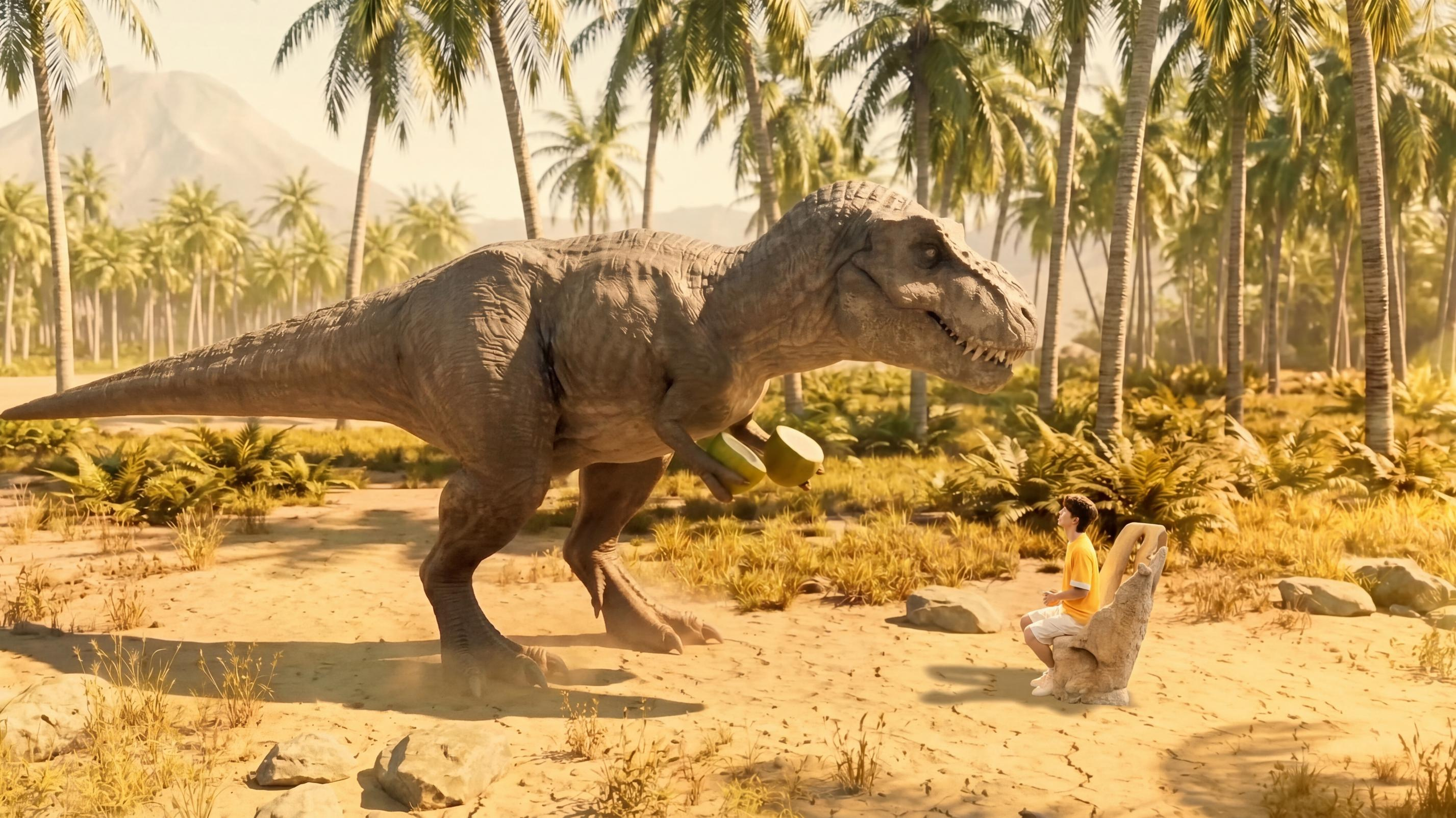 Dinosaur and performer in a finished Master Kong Iced Tea scene.